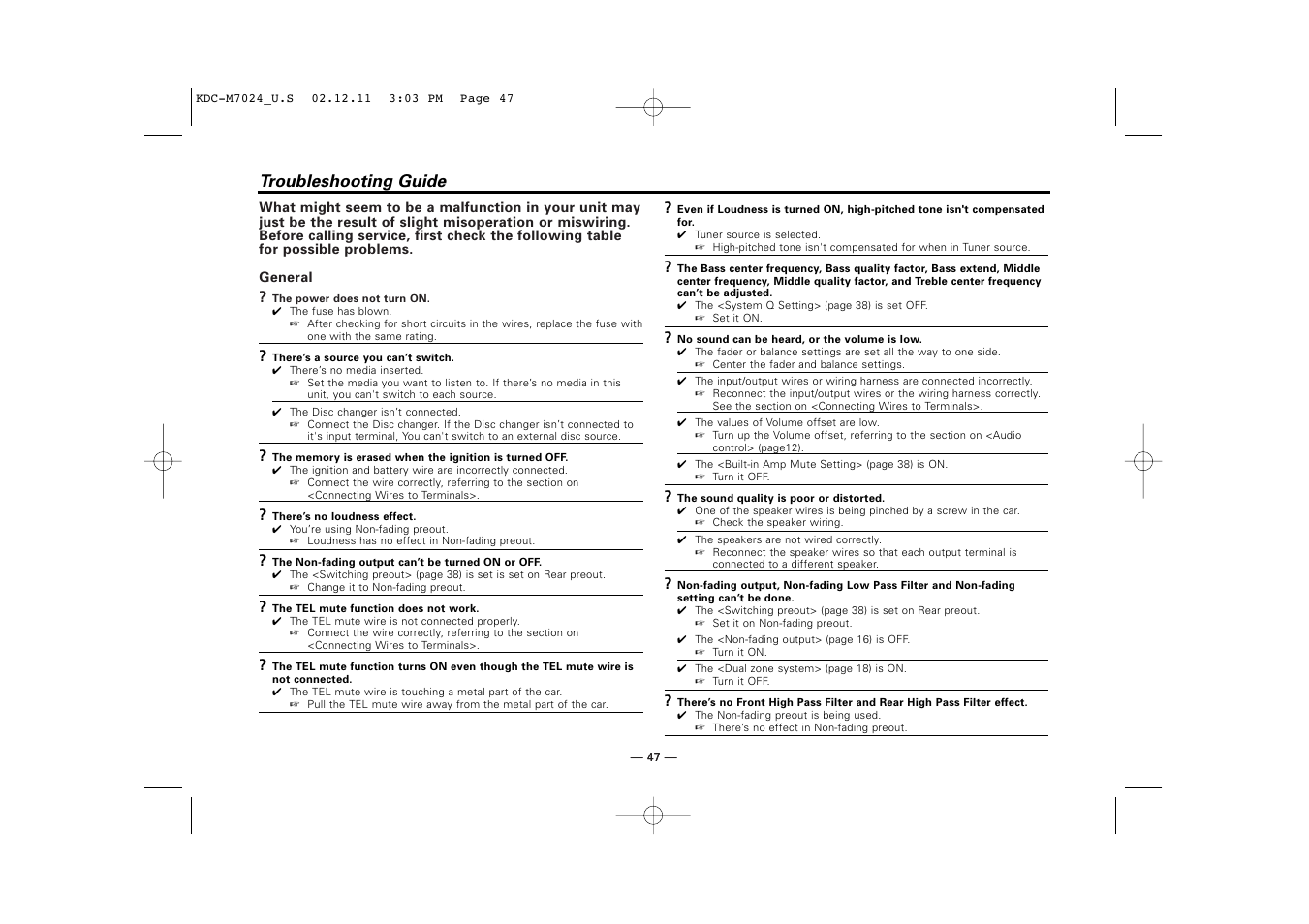 Troubleshooting guide | Kenwood KDC-M7024 User Manual | Page 47 / 52