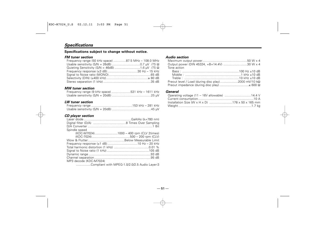 Specifications | Kenwood KDC-M7024 User Manual | Page 51 / 52