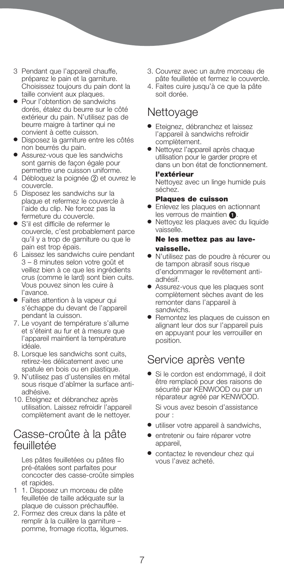 Casse-croûte à la pâte feuilletée, Nettoyage, Service après vente | Kenwood SM420 User Manual | Page 10 / 42