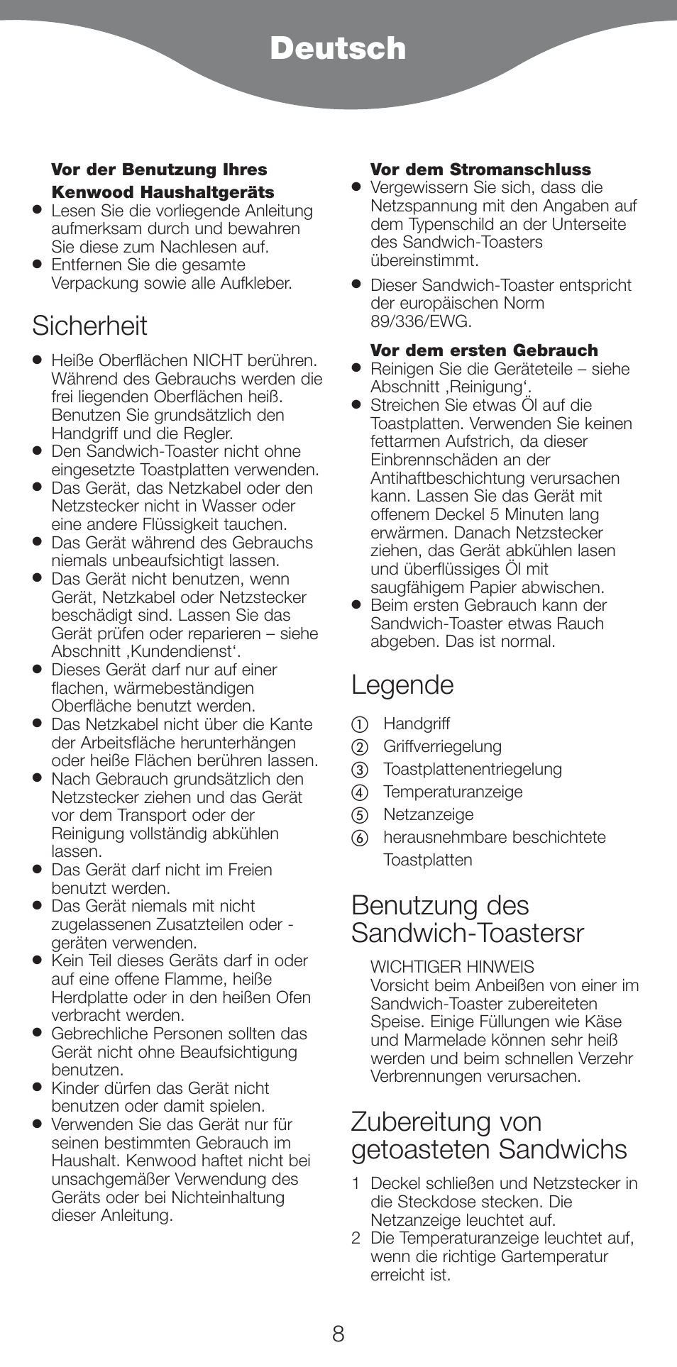 Deutsch, Sicherheit, Legende | Benutzung des sandwich-toastersr, Zubereitung von getoasteten sandwichs | Kenwood SM420 User Manual | Page 11 / 42