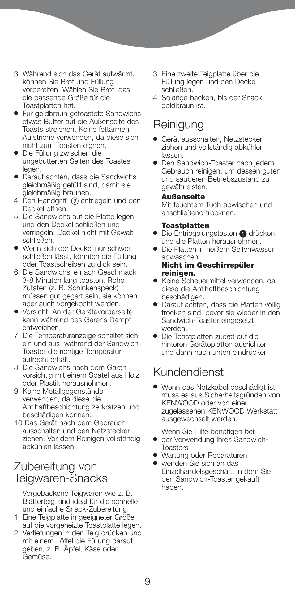 Zubereitung von teigwaren-snacks, Reinigung, Kundendienst | Kenwood SM420 User Manual | Page 12 / 42