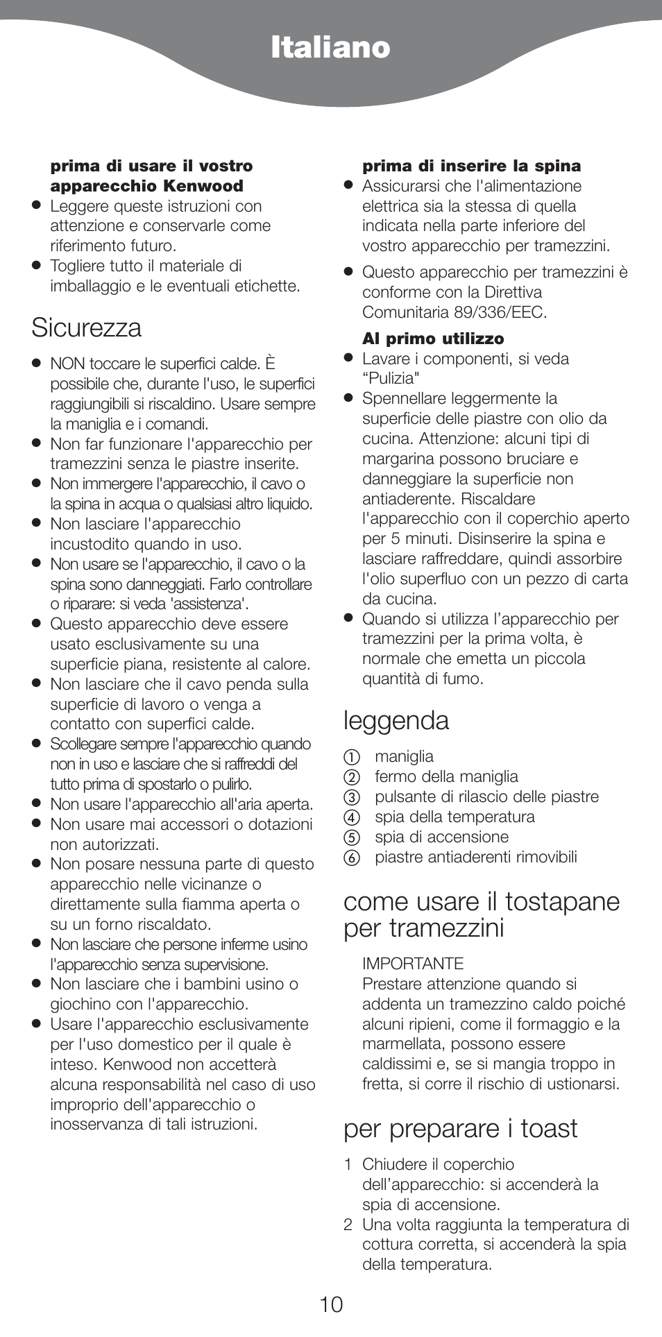 Italiano, Sicurezza, Leggenda | Come usare il tostapane per tramezzini, Per preparare i toast | Kenwood SM420 User Manual | Page 13 / 42