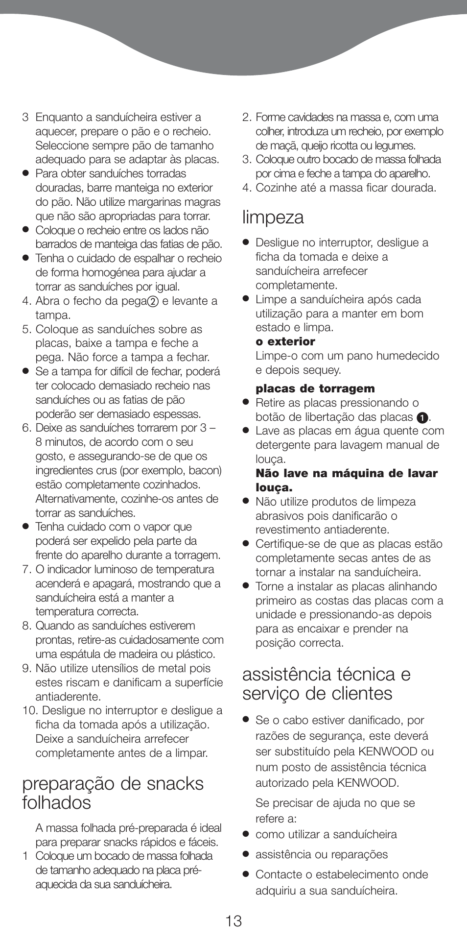 Preparação de snacks folhados, Limpeza, Assistência técnica e serviço de clientes | Kenwood SM420 User Manual | Page 16 / 42