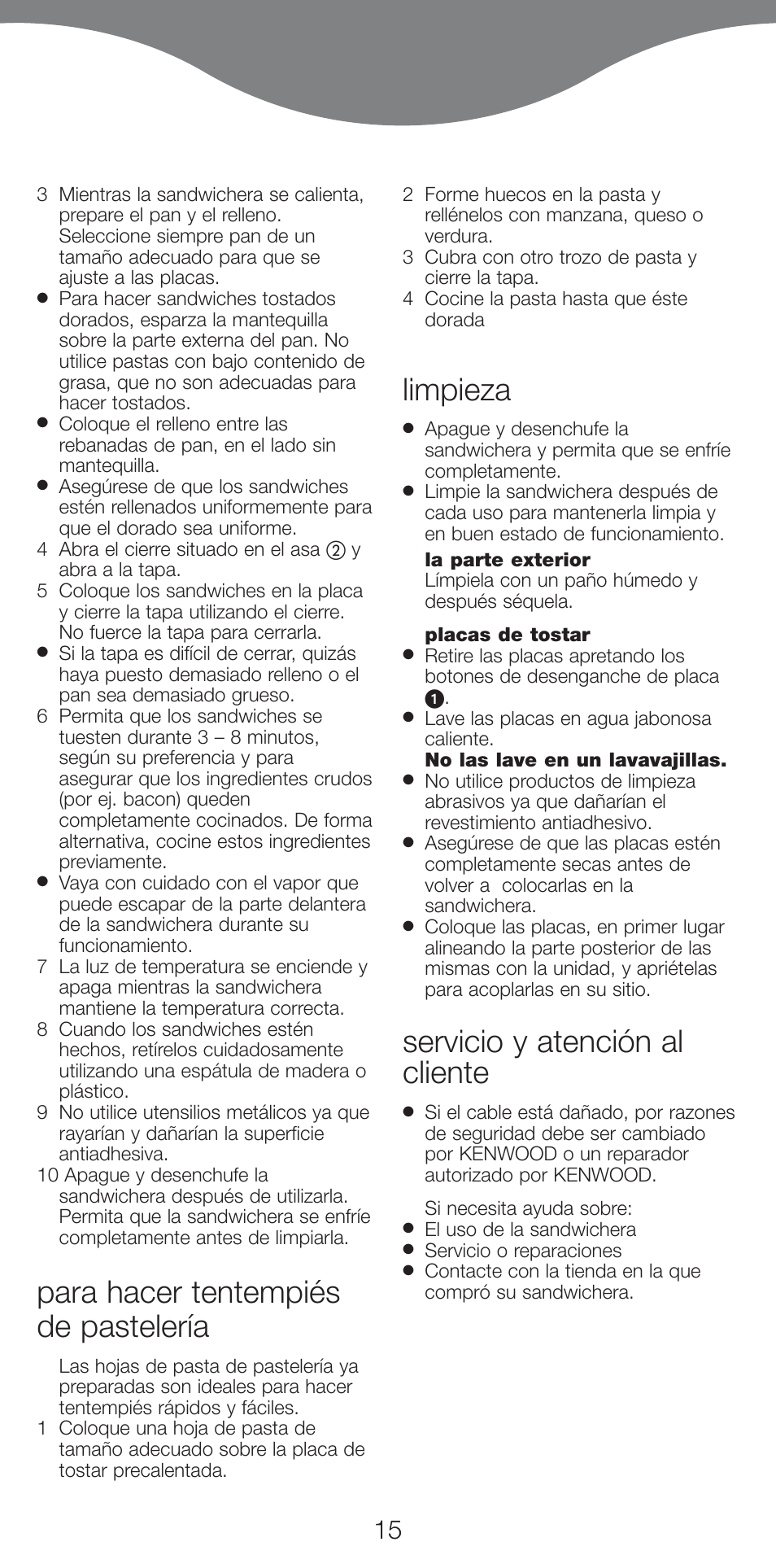 Para hacer tentempiés de pastelería, Limpieza, Servicio y atención al cliente | Kenwood SM420 User Manual | Page 18 / 42