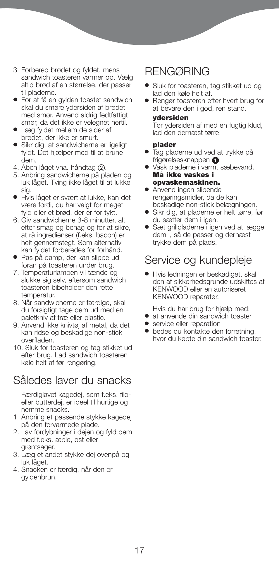 Således laver du snacks, Rengøring, Service og kundepleje | Kenwood SM420 User Manual | Page 20 / 42