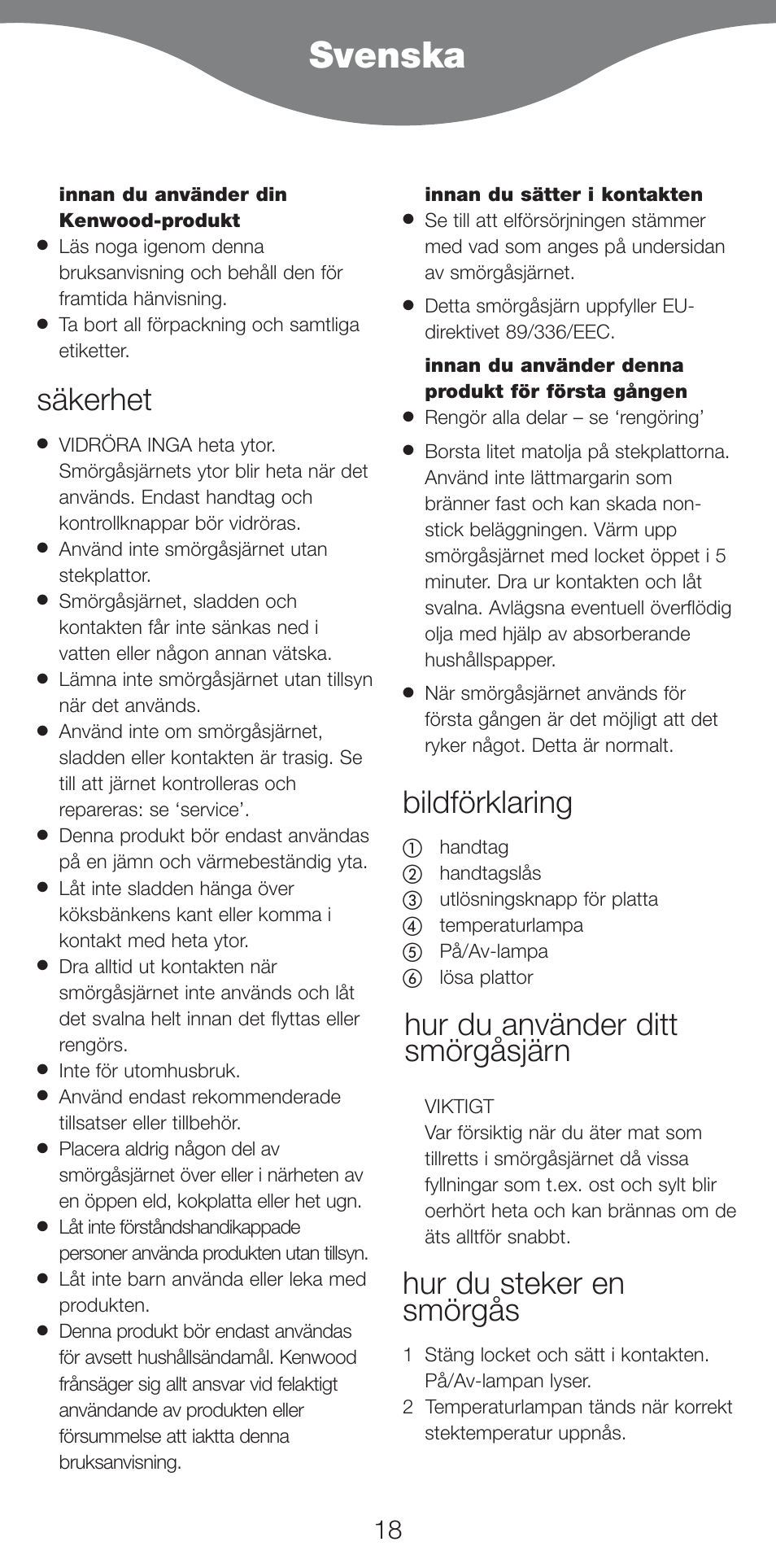 Svenska, Säkerhet, Bildförklaring | Hur du använder ditt smörgåsjärn, Hur du steker en smörgås | Kenwood SM420 User Manual | Page 21 / 42