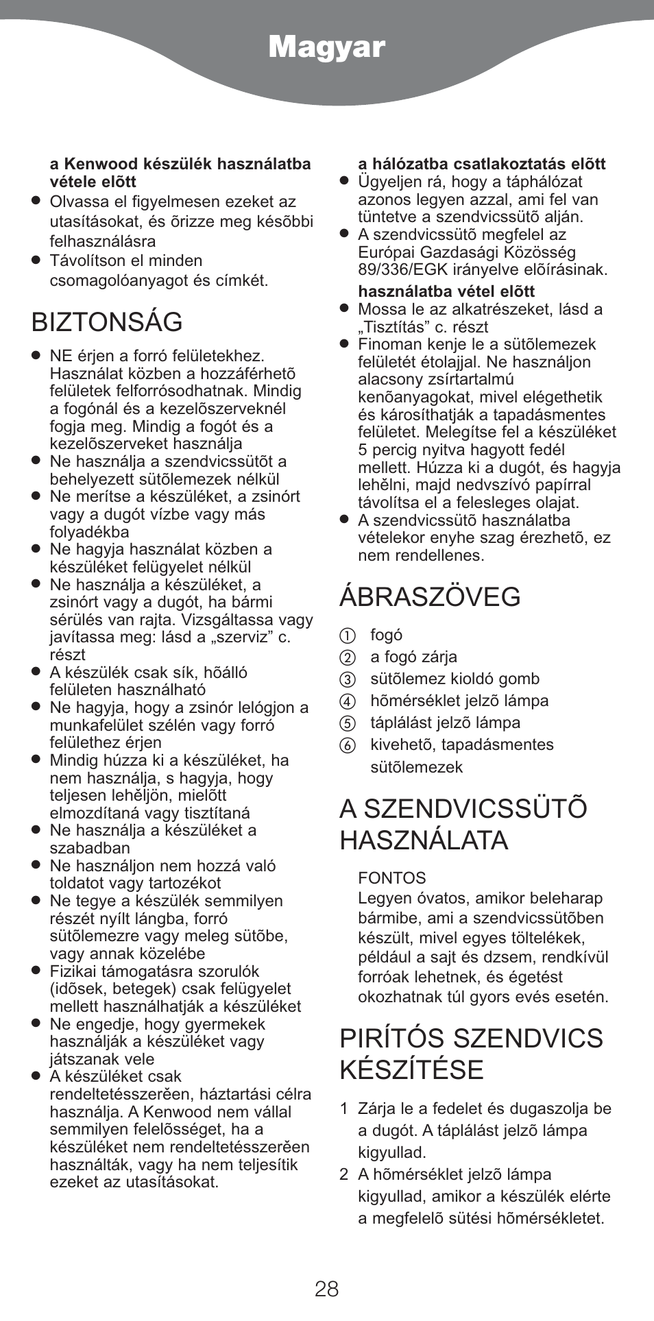 Magyar, Biztonság, Ábraszöveg | A szendvicssütõ használata, Pirítós szendvics készítése | Kenwood SM420 User Manual | Page 31 / 42