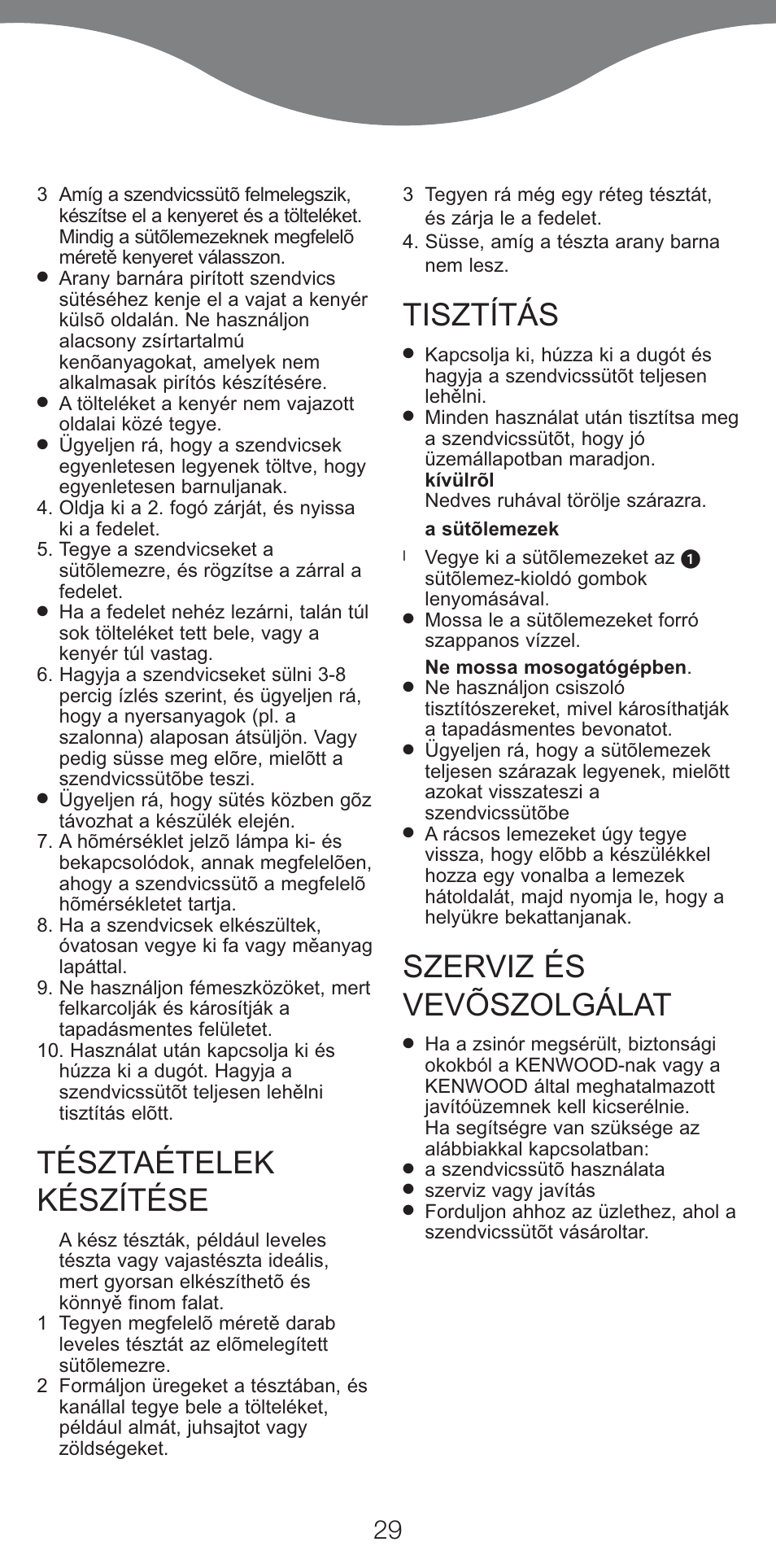 Tésztaételek készítése, Tisztítás, Szerviz és vevõszolgálat | Kenwood SM420 User Manual | Page 32 / 42