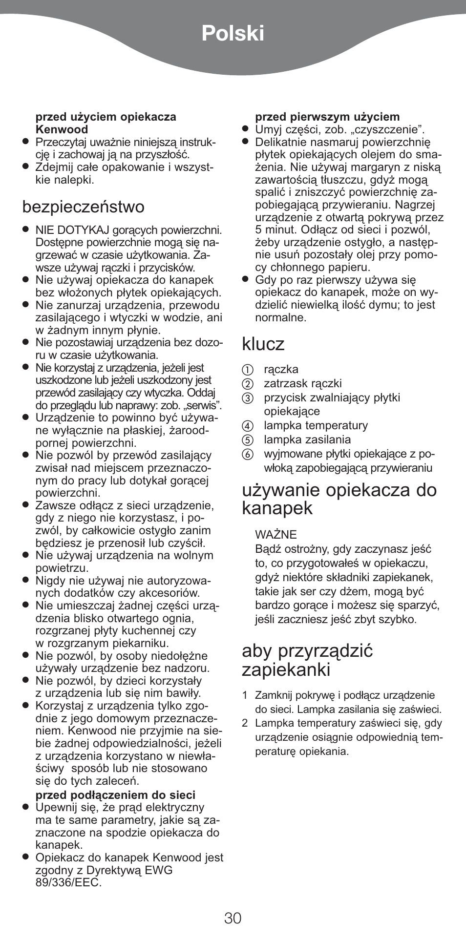 Polski, Klucz, Używanie opiekacza do kanapek | Aby przyrządzić zapiekanki, Bezpieczeństwo | Kenwood SM420 User Manual | Page 33 / 42