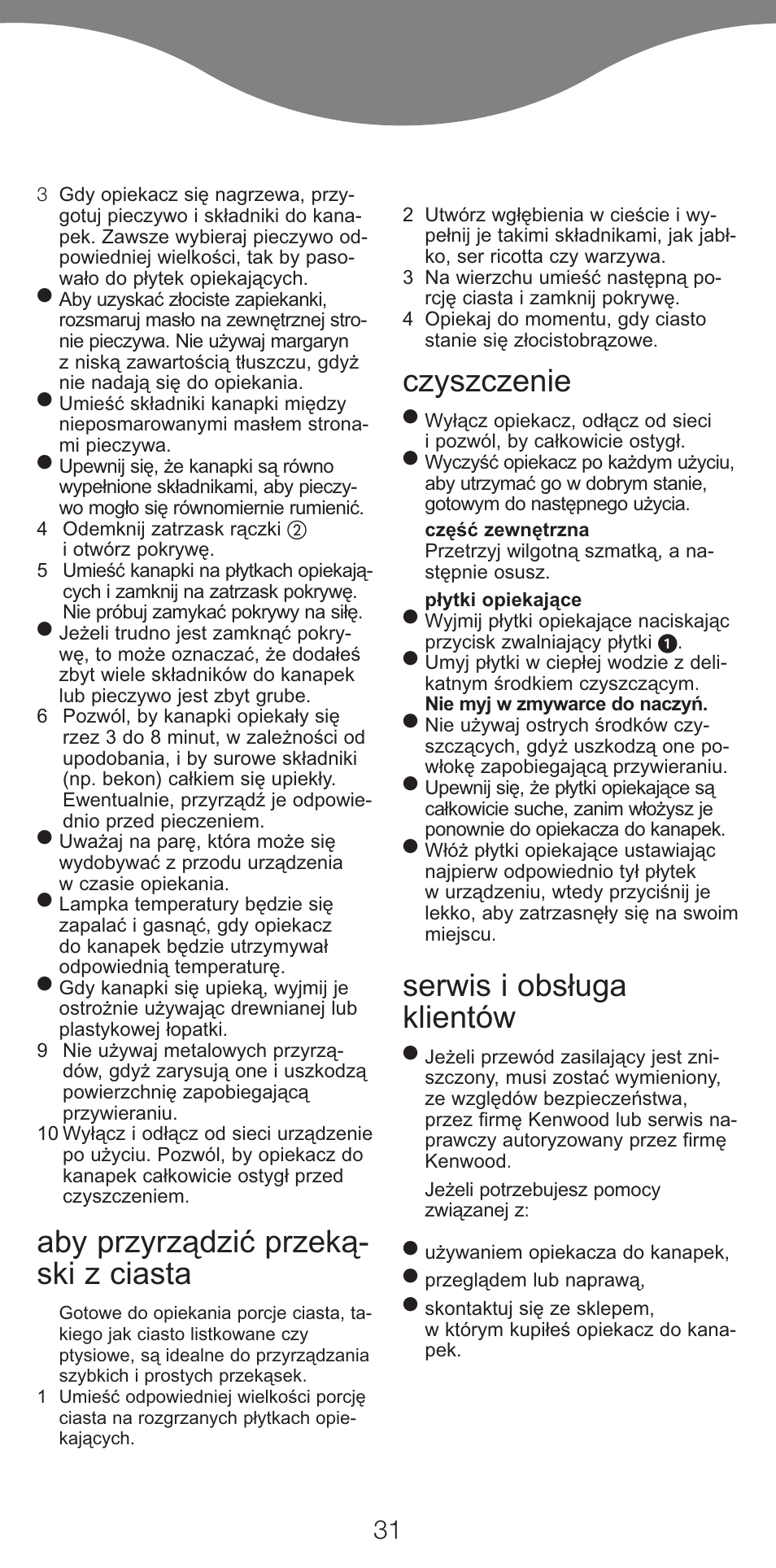 Aby przyrządzić przeką- ski z ciasta, Czyszczenie, Serwis i obsługa klientów | Kenwood SM420 User Manual | Page 34 / 42