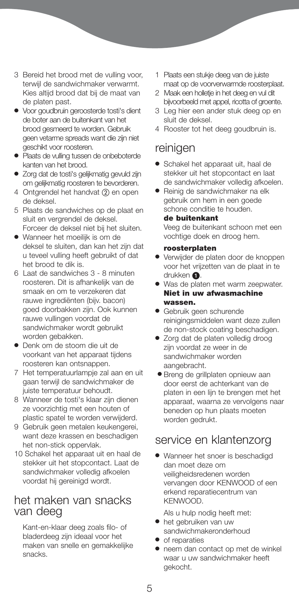 Het maken van snacks van deeg, Reinigen, Service en klantenzorg | Kenwood SM420 User Manual | Page 8 / 42
