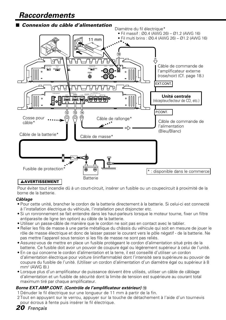 Raccordements, Frençais, Connexion du câble d’alimentation | 11 mm | Kenwood KAC-PS520 User Manual | Page 20 / 40