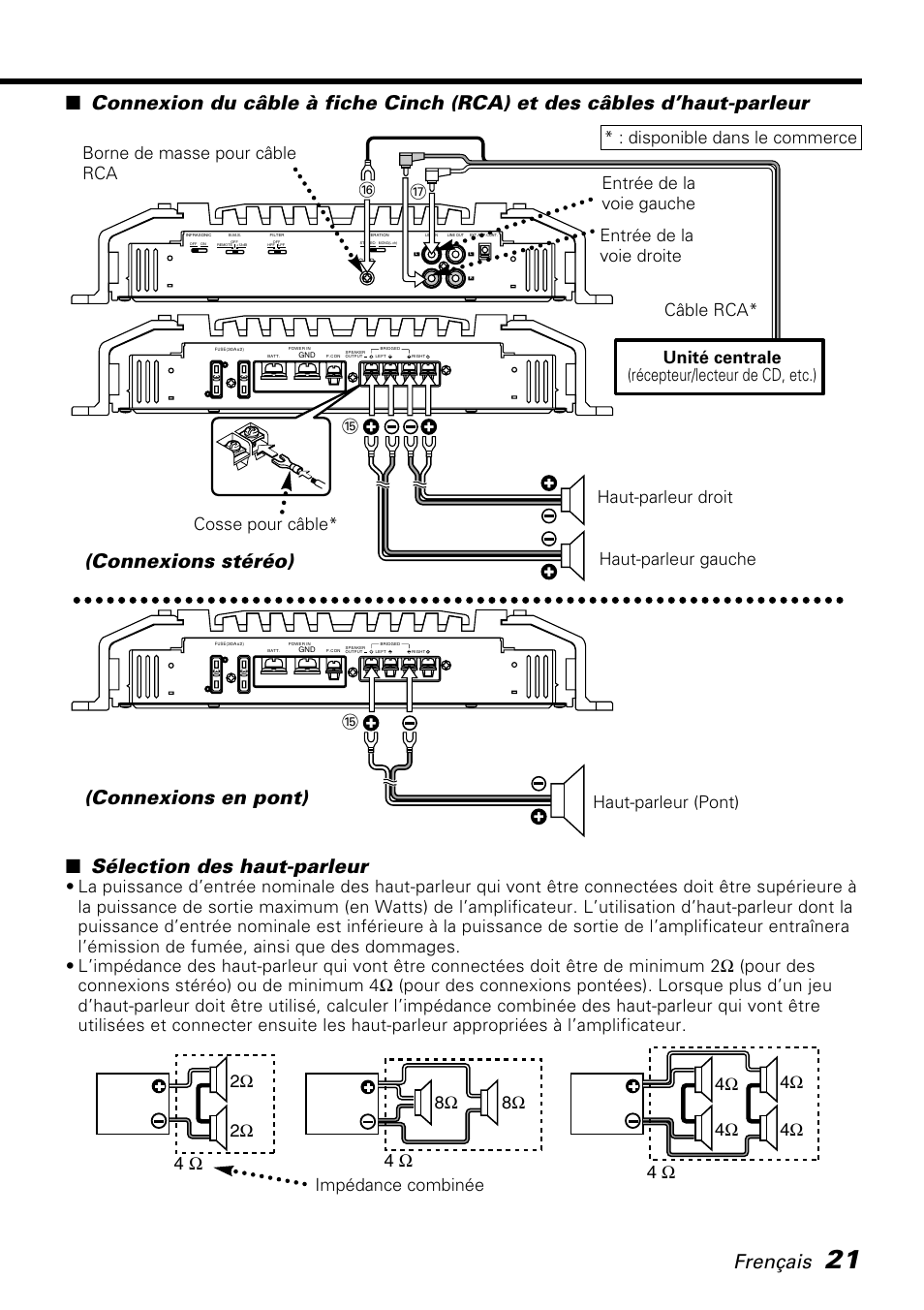 Frençais, Sélection des haut-parleur, Connexions stéréo) | Connexions en pont), Câble rca* cosse pour câble, Haut-parleur gauche haut-parleur droit, Haut-parleur (pont) | Kenwood KAC-PS520 User Manual | Page 21 / 40