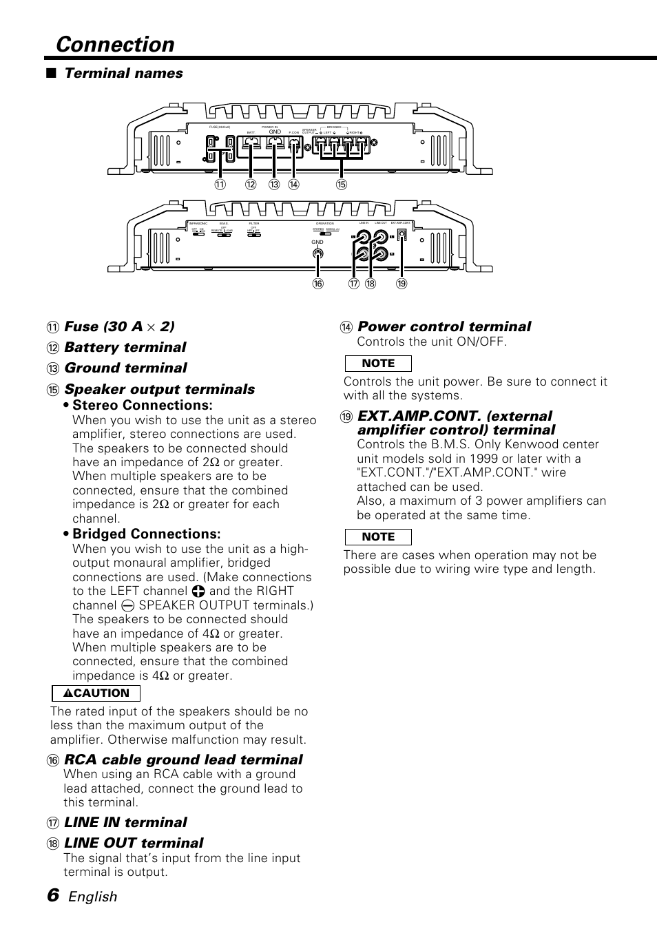 Connection, English, Bridged connections | Rca cable ground lead terminal, Line in terminal * line out terminal, Power control terminal, Terminal names | Kenwood KAC-PS520 User Manual | Page 6 / 40