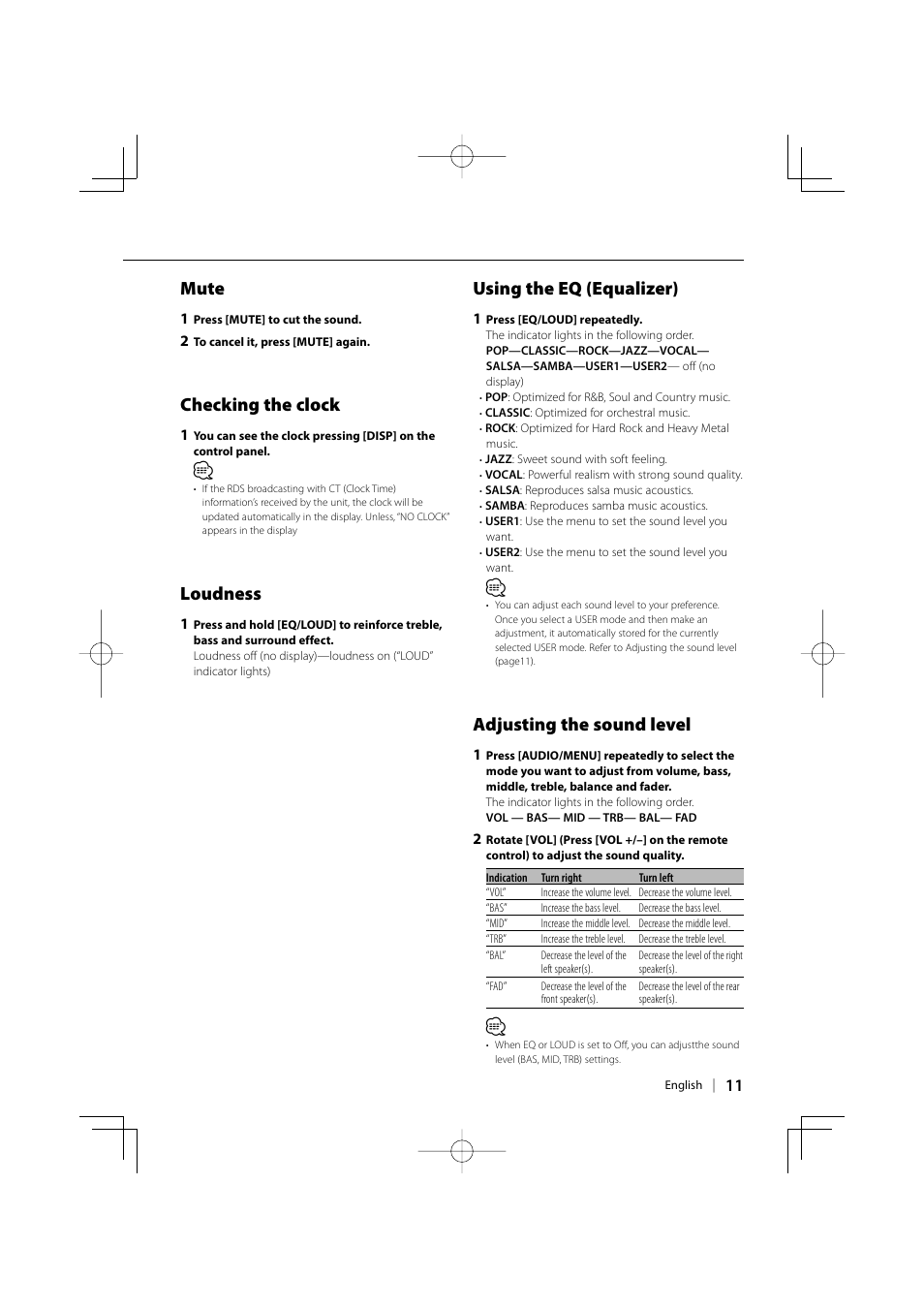 Using the eq (equalizer), Mute, Checking the clock | Loudness, Adjusting the sound level | Kenwood KDV-3241Y User Manual | Page 11 / 40