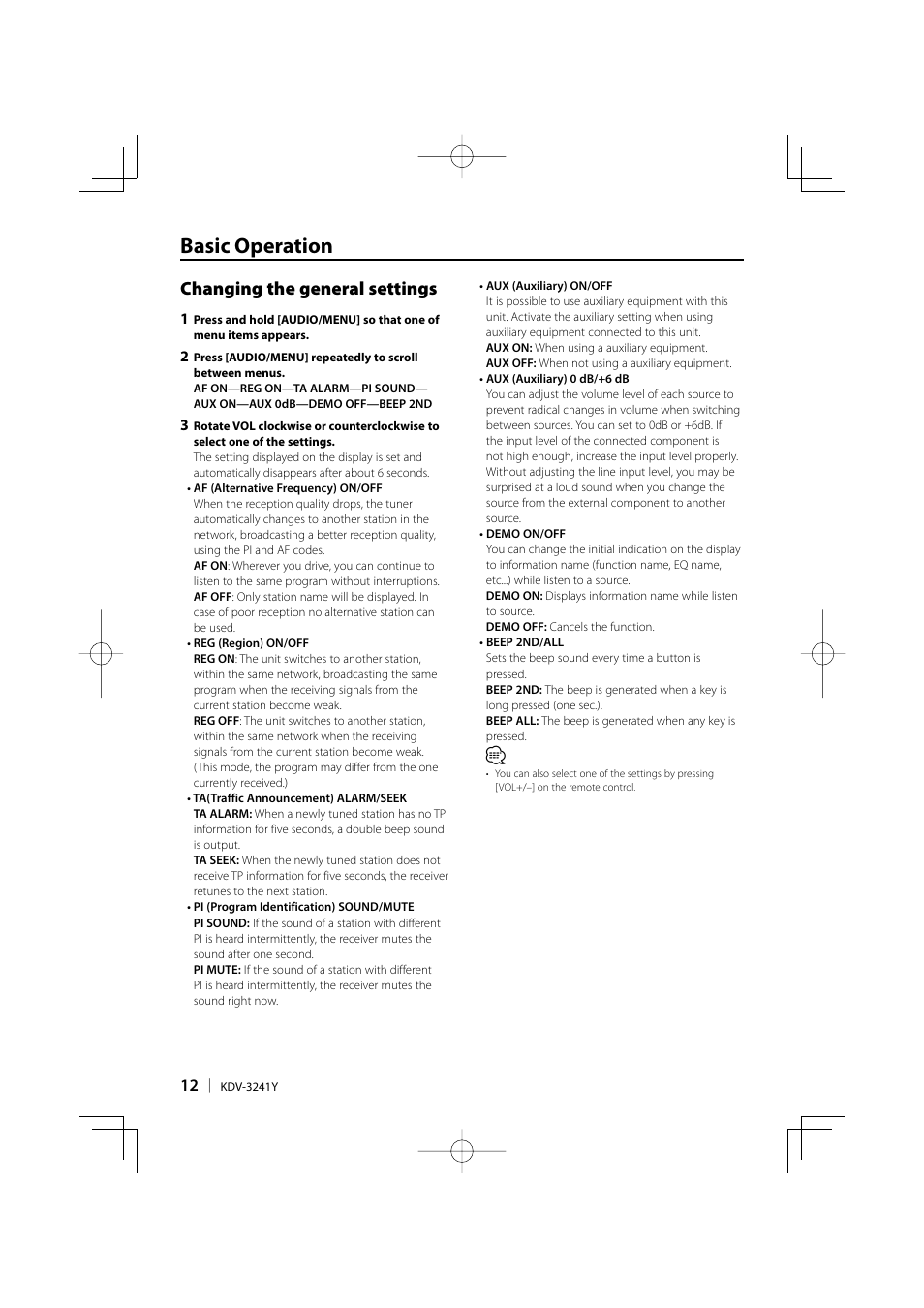 Basic operation, Changing the general settings | Kenwood KDV-3241Y User Manual | Page 12 / 40