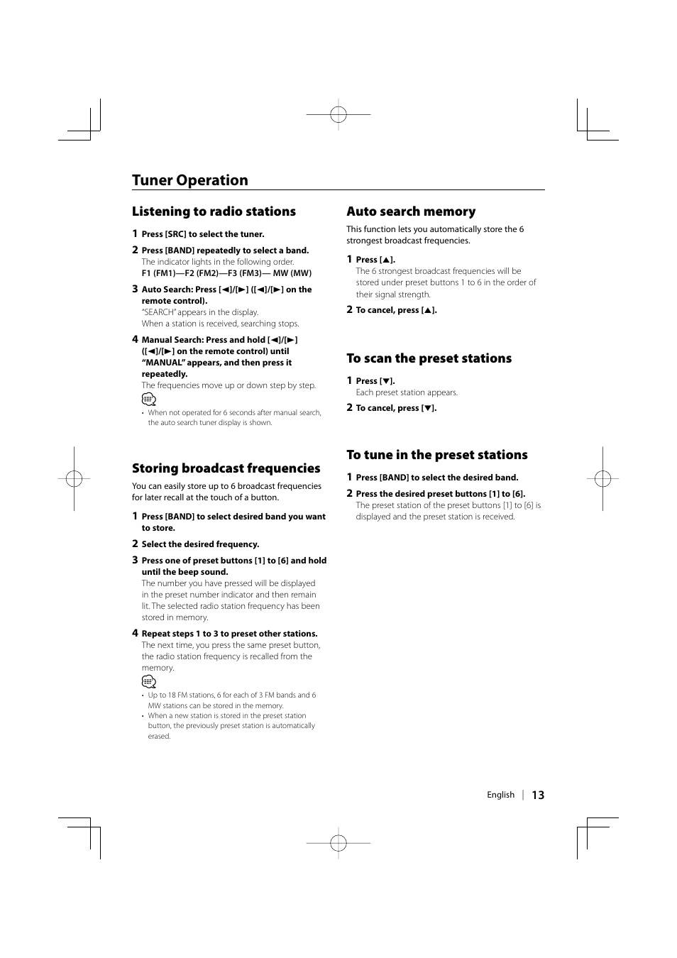 Tuner operation, Listening to radio stations, Storing broadcast frequencies | Kenwood KDV-3241Y User Manual | Page 13 / 40