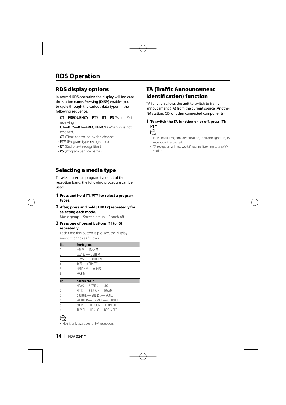 Rds operation, Rds display options, Selecting a media type | Ta (traffic announcement identification) function | Kenwood KDV-3241Y User Manual | Page 14 / 40