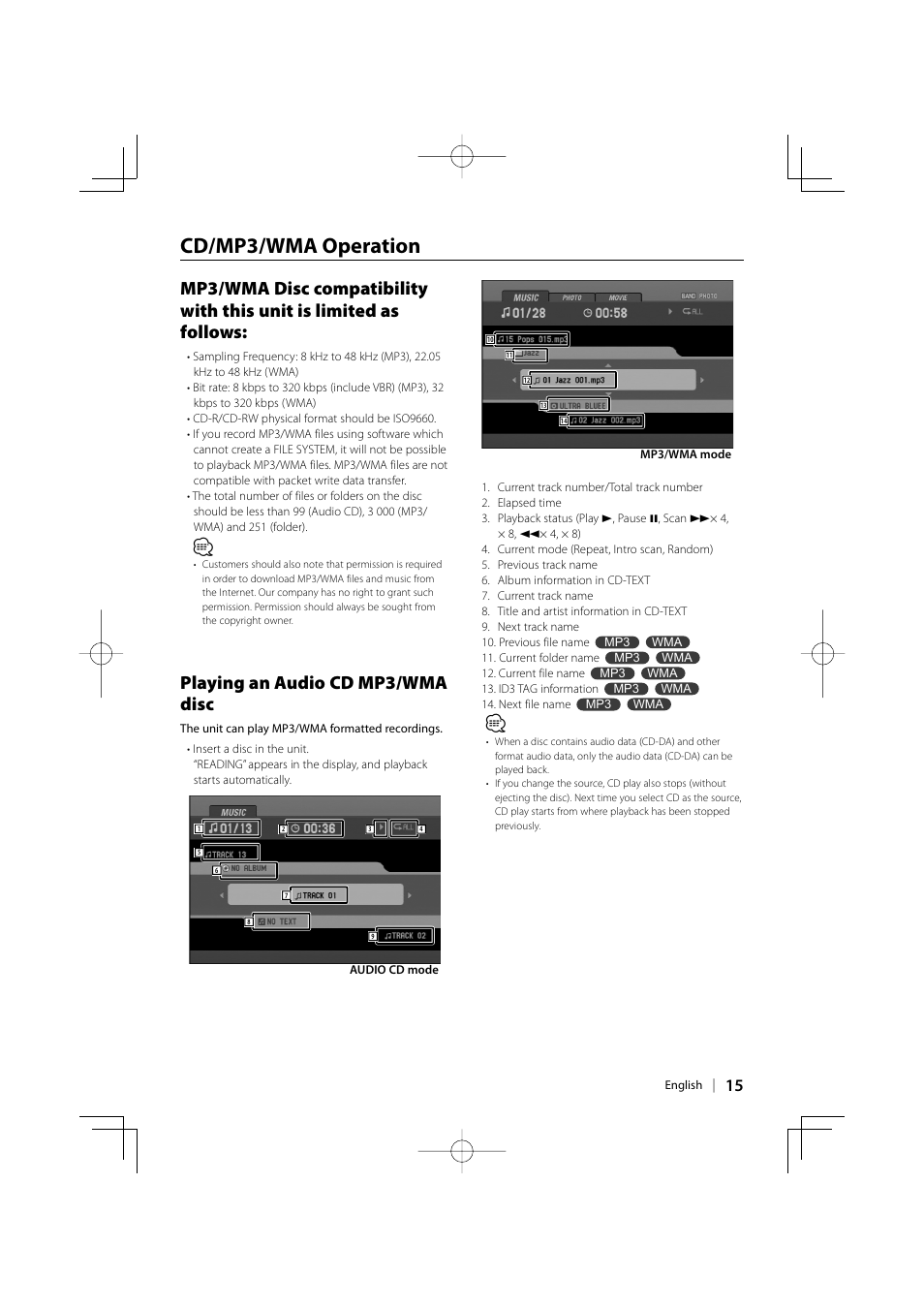 Cd/mp3/wma operation, Playing an audio cd mp3/wma disc | Kenwood KDV-3241Y User Manual | Page 15 / 40