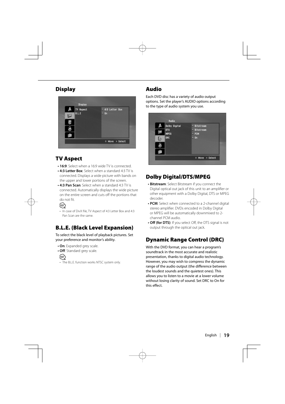Display tv aspect, B.l.e. (black level expansion), Audio | Dolby digital/dts/mpeg, Dynamic range control (drc) | Kenwood KDV-3241Y User Manual | Page 19 / 40