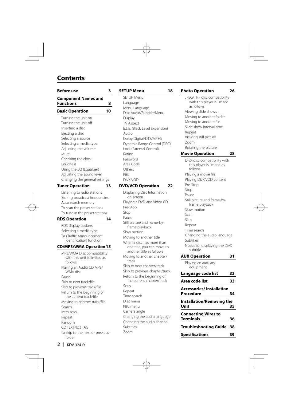 Kenwood KDV-3241Y User Manual | Page 2 / 40