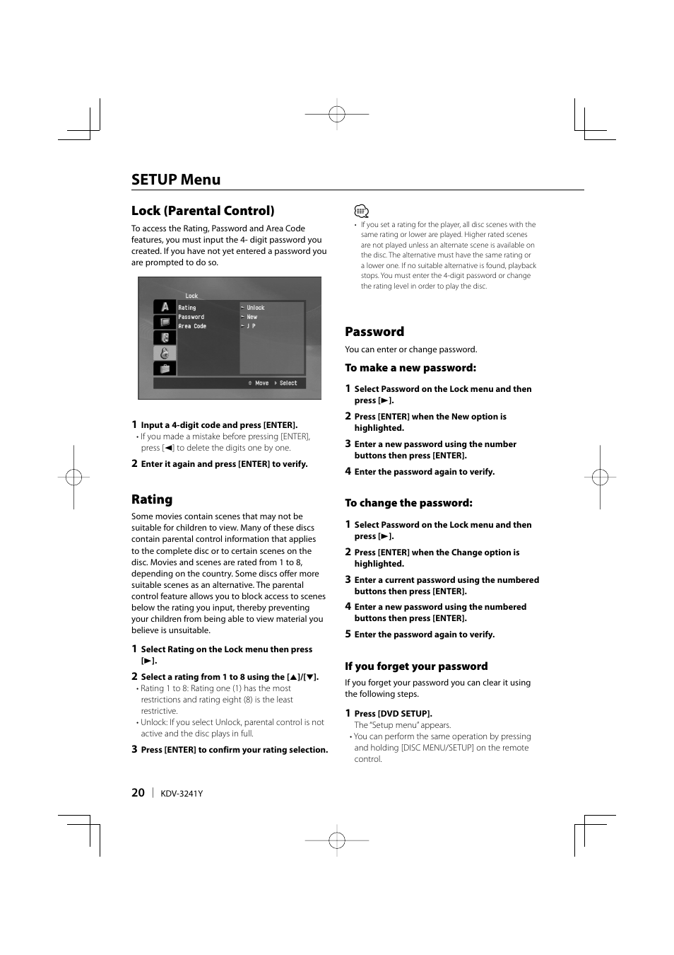 Setup menu, Lock (parental control), Rating | Password | Kenwood KDV-3241Y User Manual | Page 20 / 40