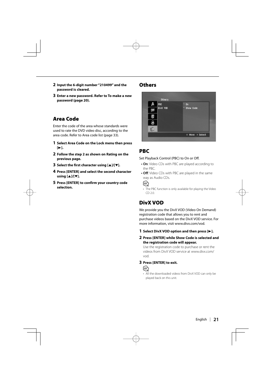 Area code, Others pbc, Divx vod | Kenwood KDV-3241Y User Manual | Page 21 / 40