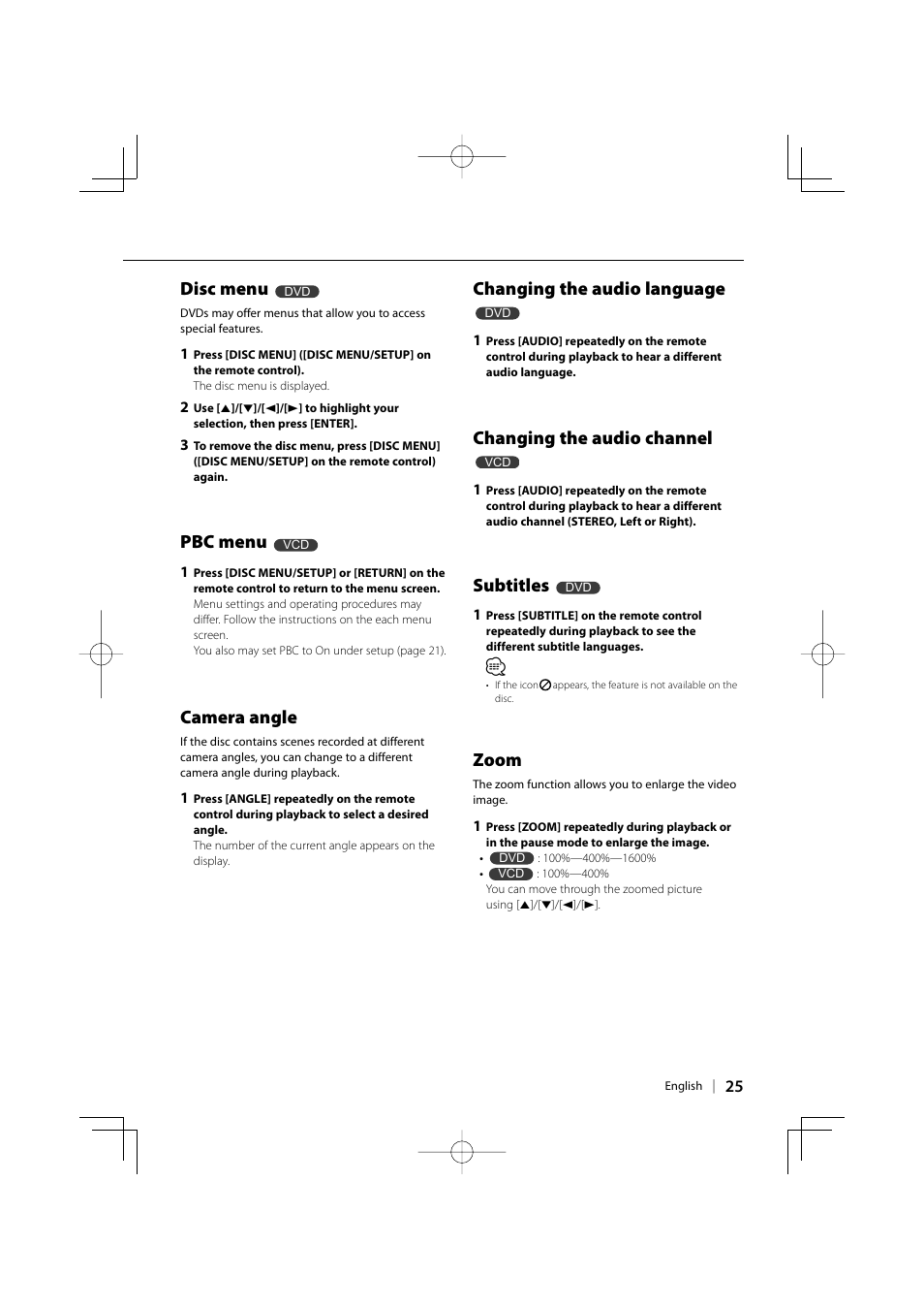 Disc menu, Pbc menu, Camera angle | Changing the audio language, Changing the audio channel, Subtitles, Zoom | Kenwood KDV-3241Y User Manual | Page 25 / 40