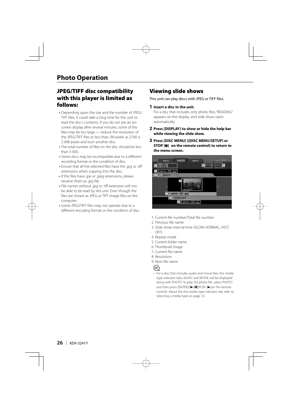 Photo operation, Viewing slide shows | Kenwood KDV-3241Y User Manual | Page 26 / 40