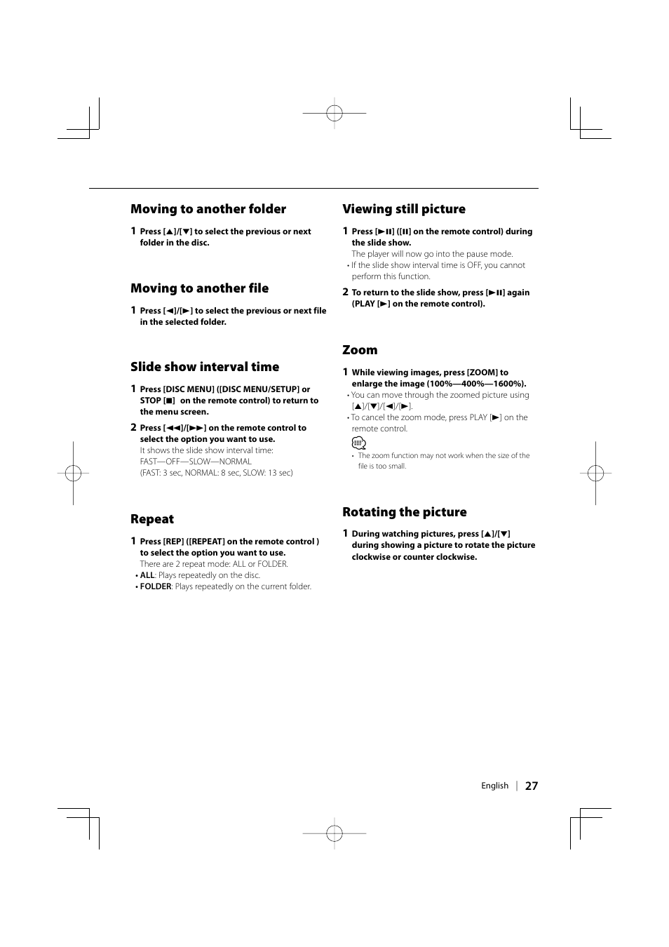 Moving to another folder, Moving to another file, Slide show interval time | Repeat, Viewing still picture, Zoom, Rotating the picture | Kenwood KDV-3241Y User Manual | Page 27 / 40