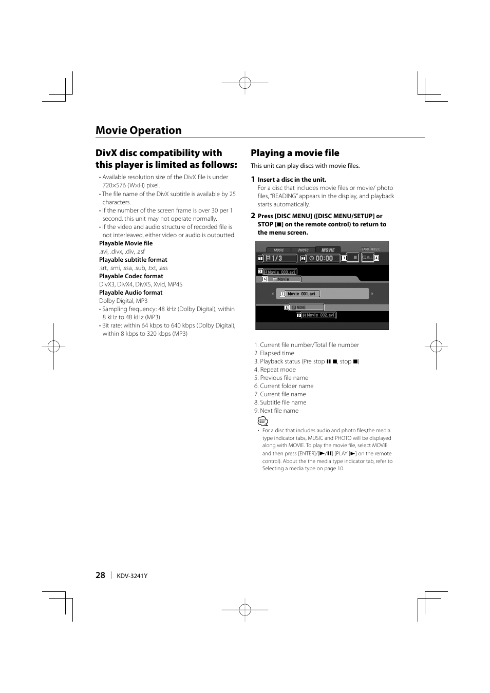 Movie operation, Playing a movie file | Kenwood KDV-3241Y User Manual | Page 28 / 40