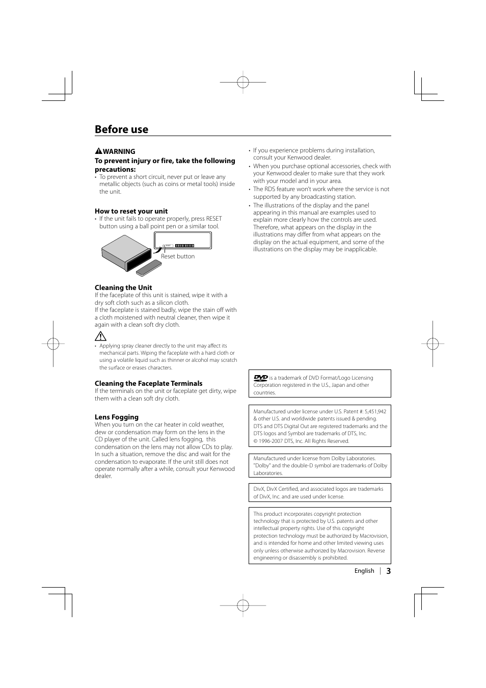 Before use | Kenwood KDV-3241Y User Manual | Page 3 / 40