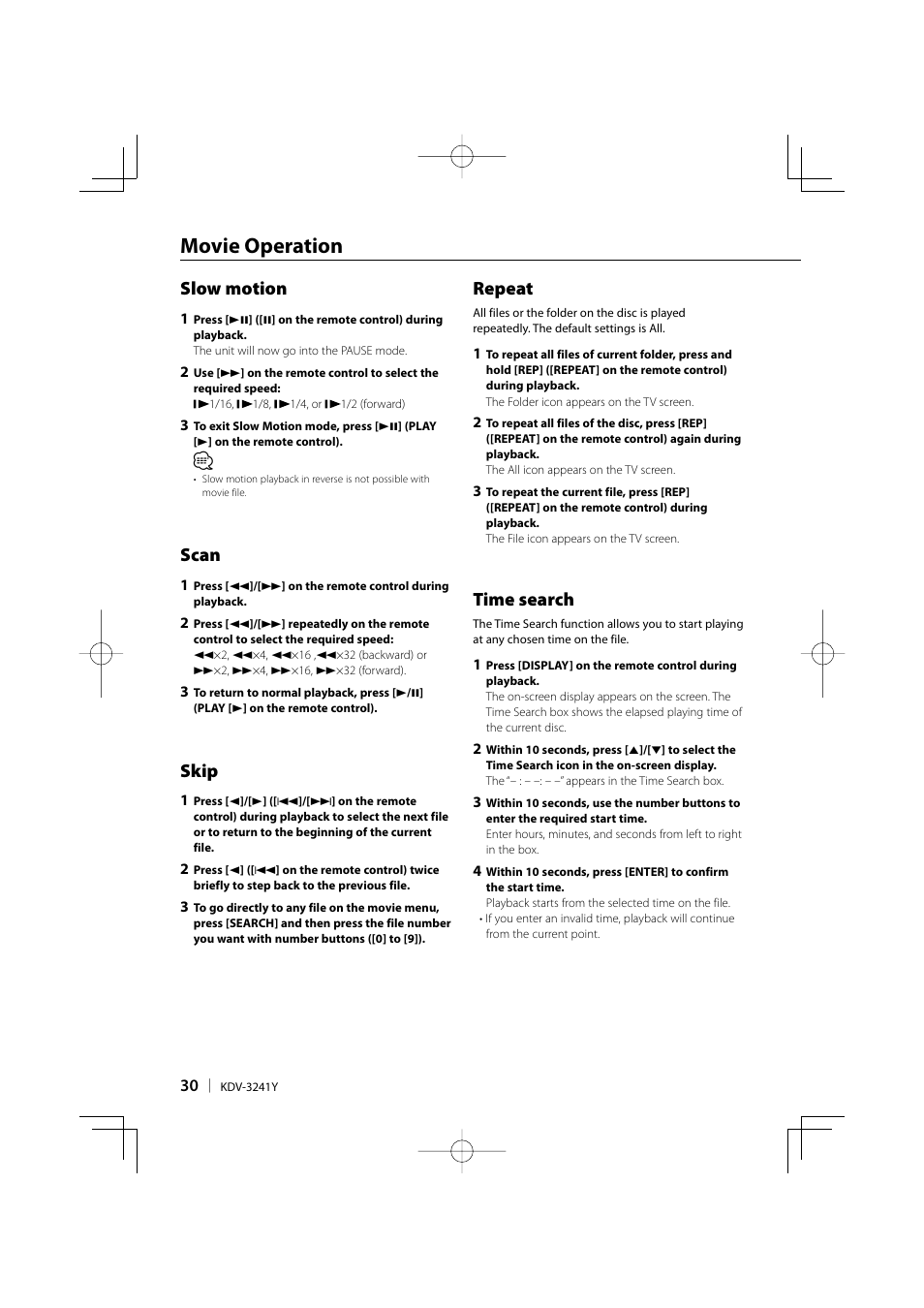 Movie operation, Slow motion, Scan | Skip, Repeat, Time search | Kenwood KDV-3241Y User Manual | Page 30 / 40