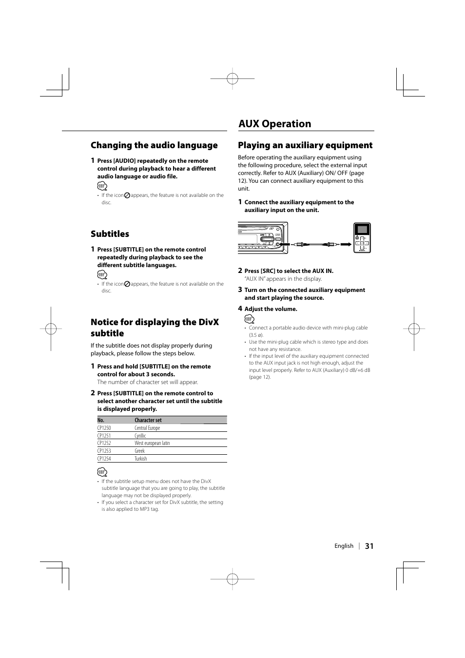 Aux operation, Changing the audio language, Subtitles | Notice for displaying the divx subtitle, Playing an auxiliary equipment | Kenwood KDV-3241Y User Manual | Page 31 / 40