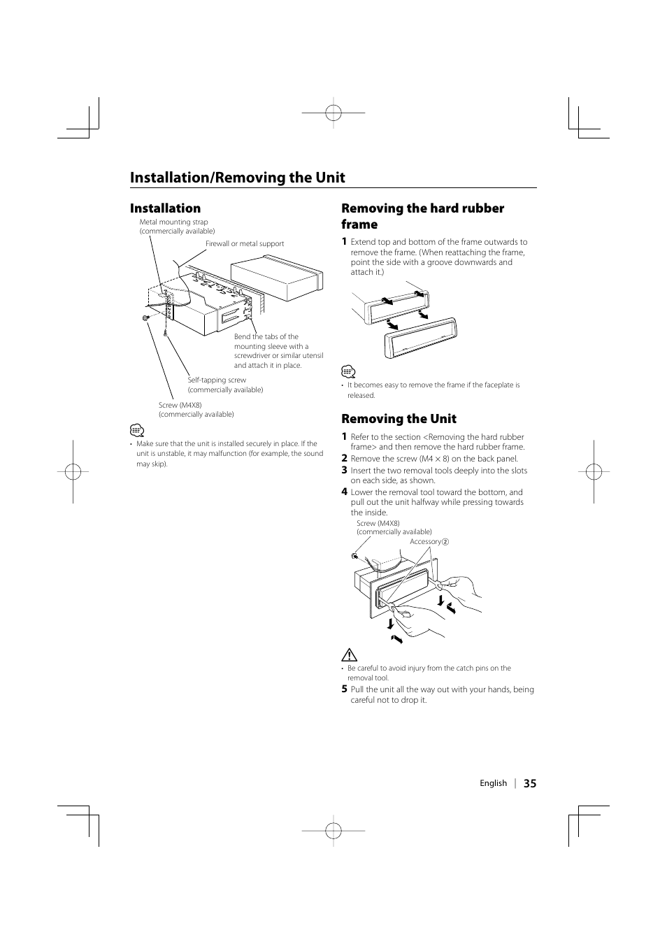 Installation/removing the unit, Installation, Removing the hard rubber frame | Removing the unit | Kenwood KDV-3241Y User Manual | Page 35 / 40