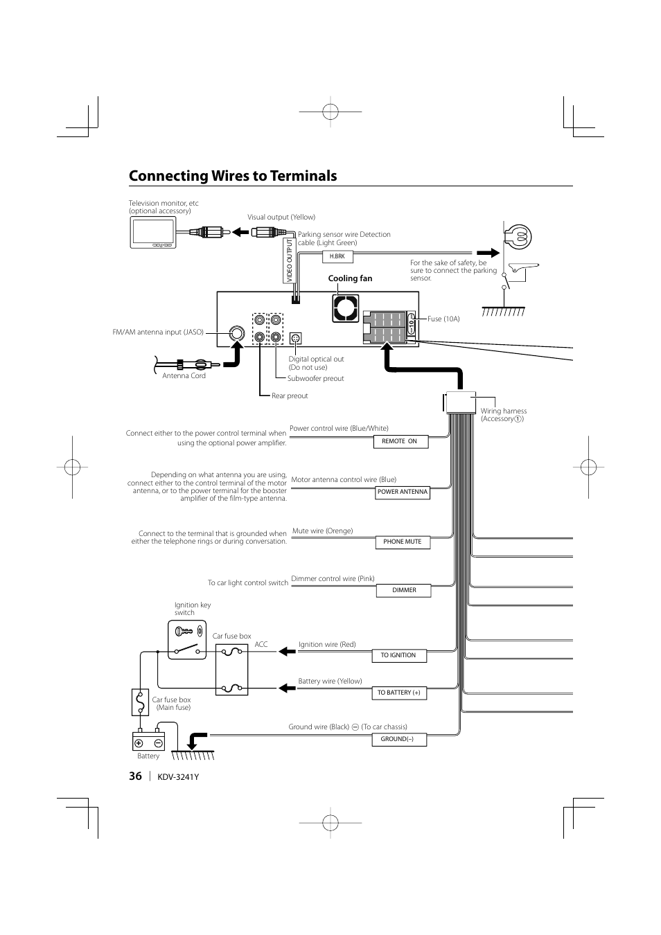 Connecting wires to terminals | Kenwood KDV-3241Y User Manual | Page 36 / 40