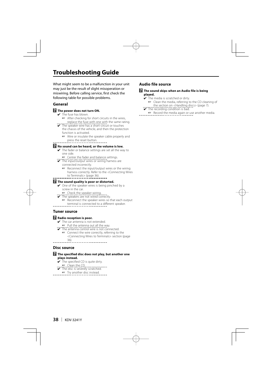 Troubleshooting guide | Kenwood KDV-3241Y User Manual | Page 38 / 40