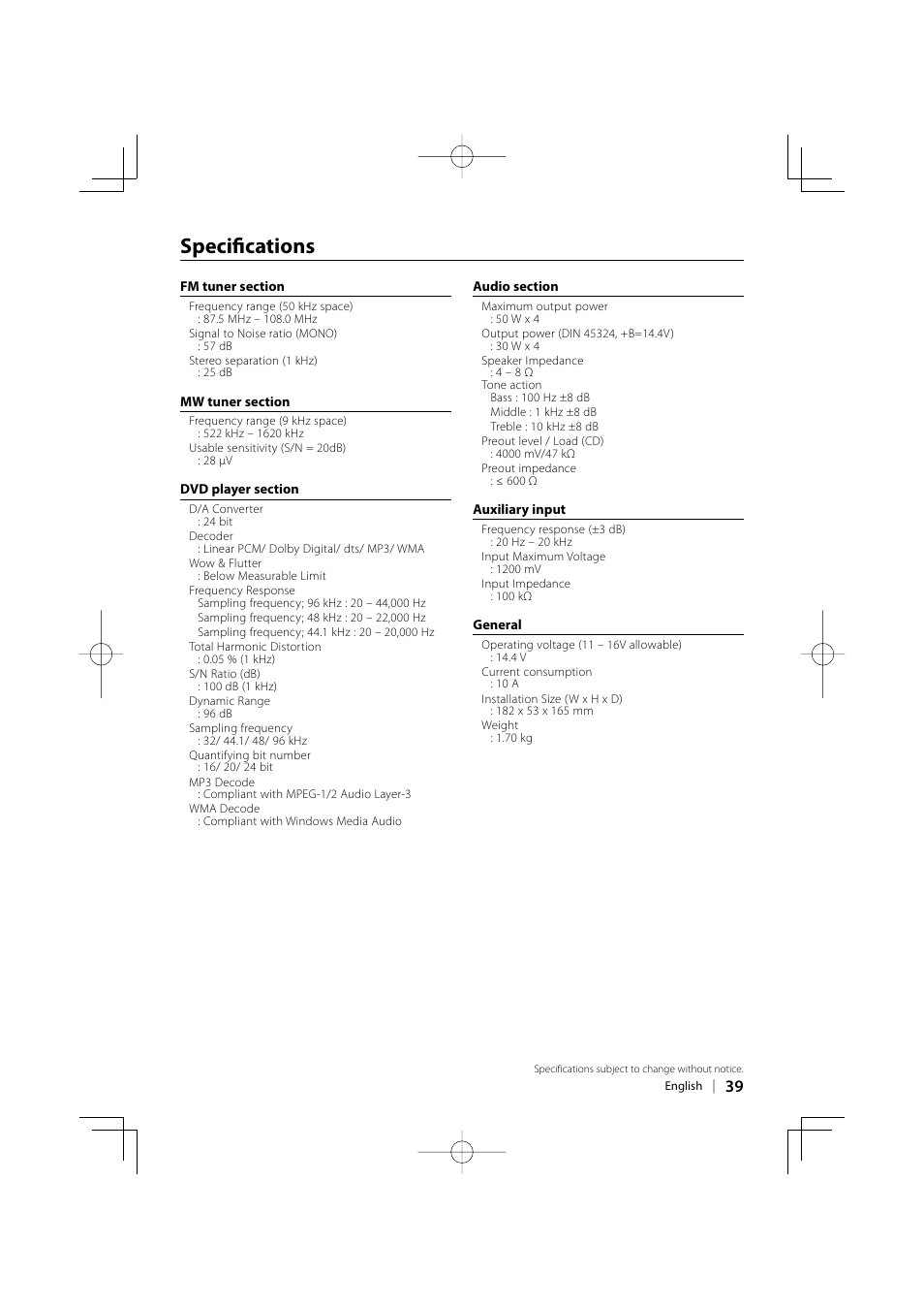 Specifi cations | Kenwood KDV-3241Y User Manual | Page 39 / 40