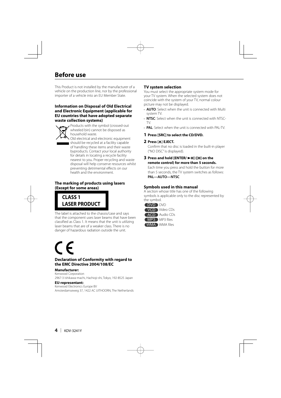 Before use, Class 1 laser product | Kenwood KDV-3241Y User Manual | Page 4 / 40