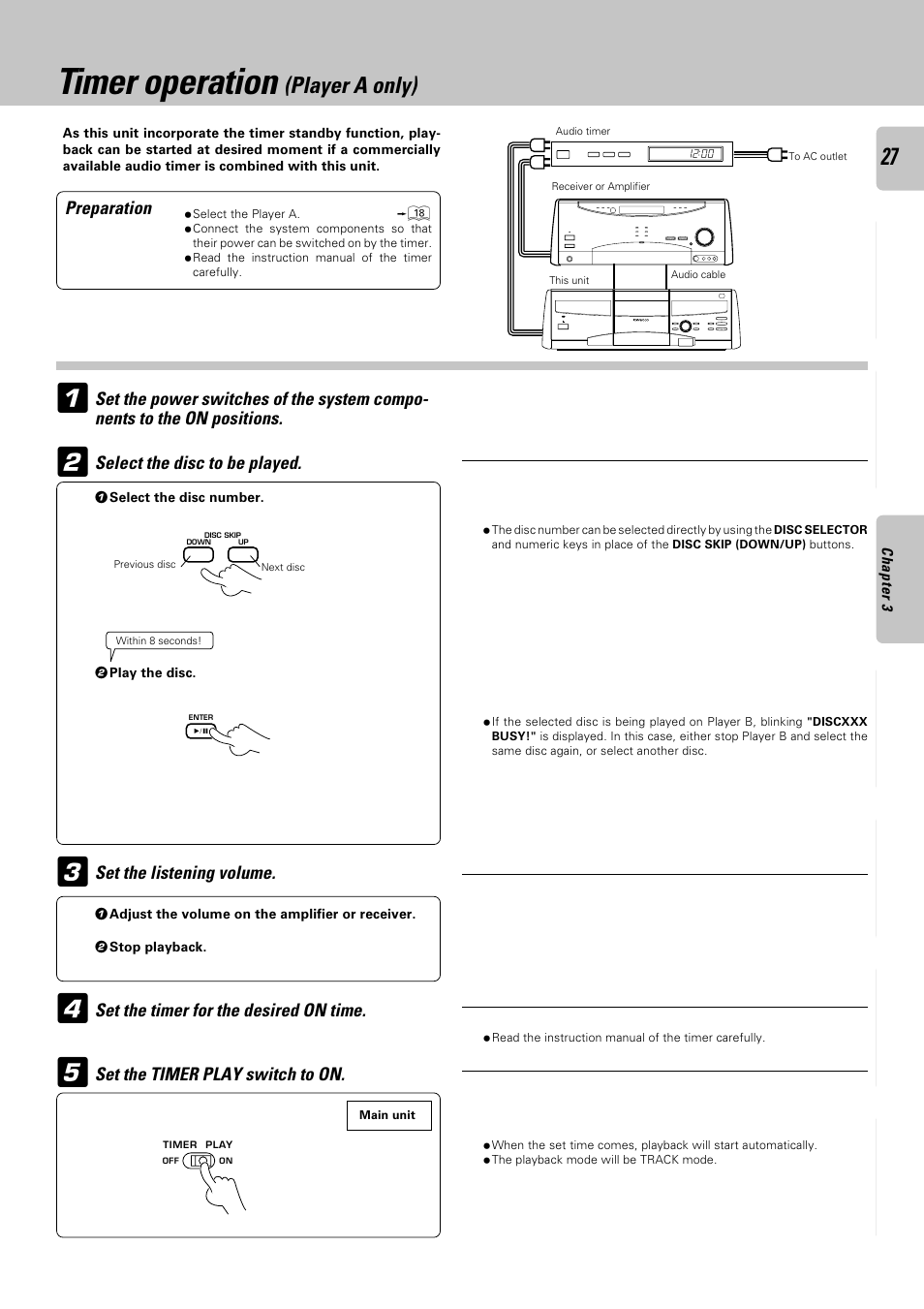 Timer operation (player a only), Timer operation, Player a only) | Preparation, Select the disc to be played, Set the listening volume, Set the timer for the desired on time, Set the timer play switch to on | Kenwood DPF-J9030 User Manual | Page 27 / 44