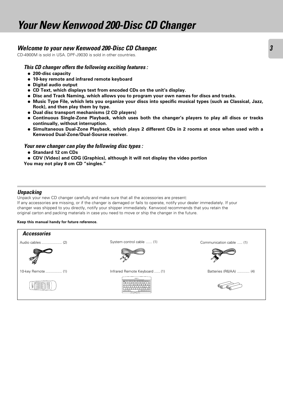 Your new kenwood 200-disc cd changer, Welcome to your new kenwood 200-disc cd changer, Your new changer can play the following disc types | Unpacking accessories | Kenwood DPF-J9030 User Manual | Page 3 / 44