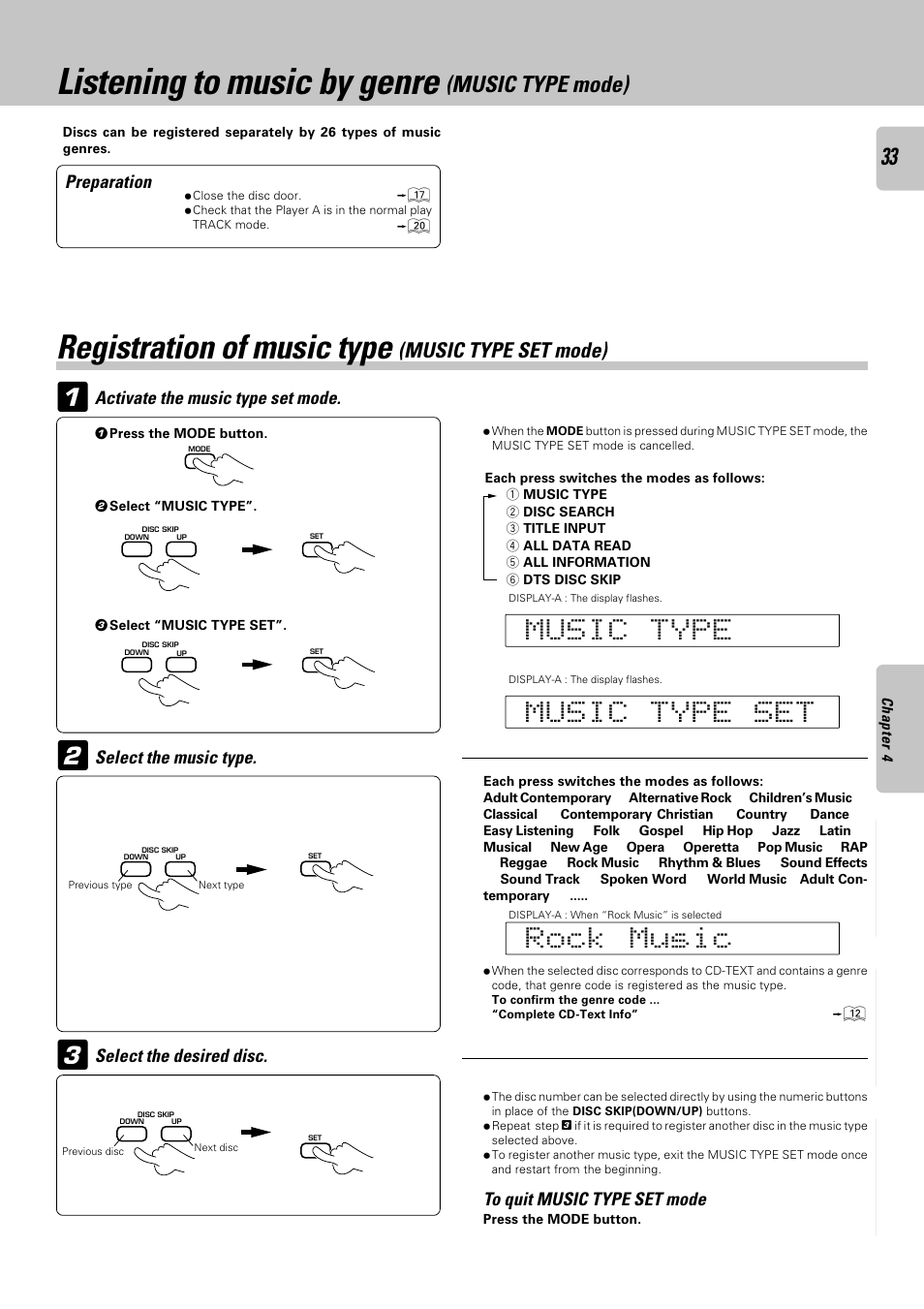 Listening to music by genre (music type mode), Registration of music type (music type set mode), 2listening to music by genre | Registration of music type, Music type mode), Music type set mode) | Kenwood DPF-J9030 User Manual | Page 33 / 44