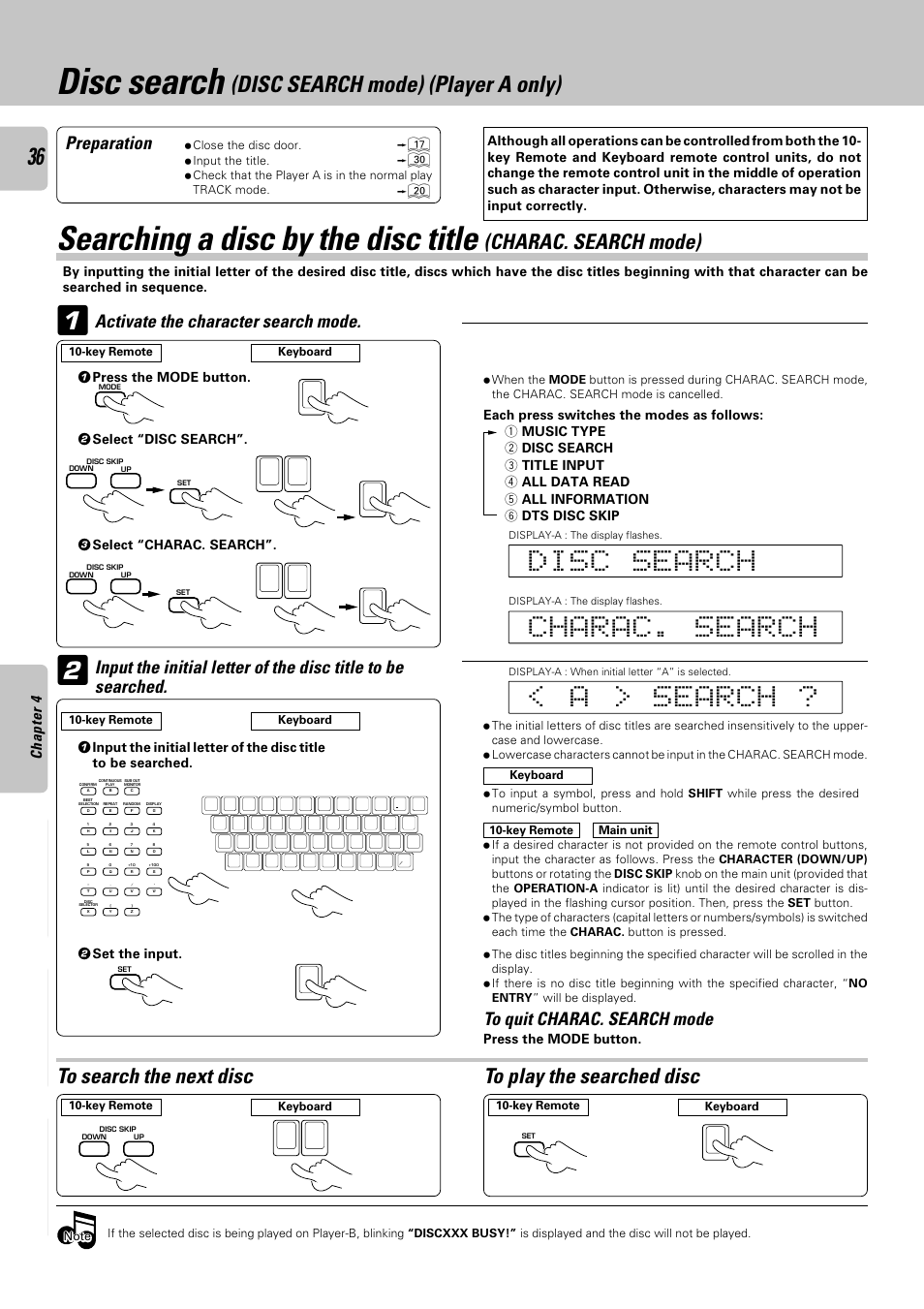 Disc search (disc search mode) (player a only), Disc search, Searching a disc by the disc title | Disc search mode) (player a only), Charac. search mode), Preparation, Activate the character search mode | Kenwood DPF-J9030 User Manual | Page 36 / 44