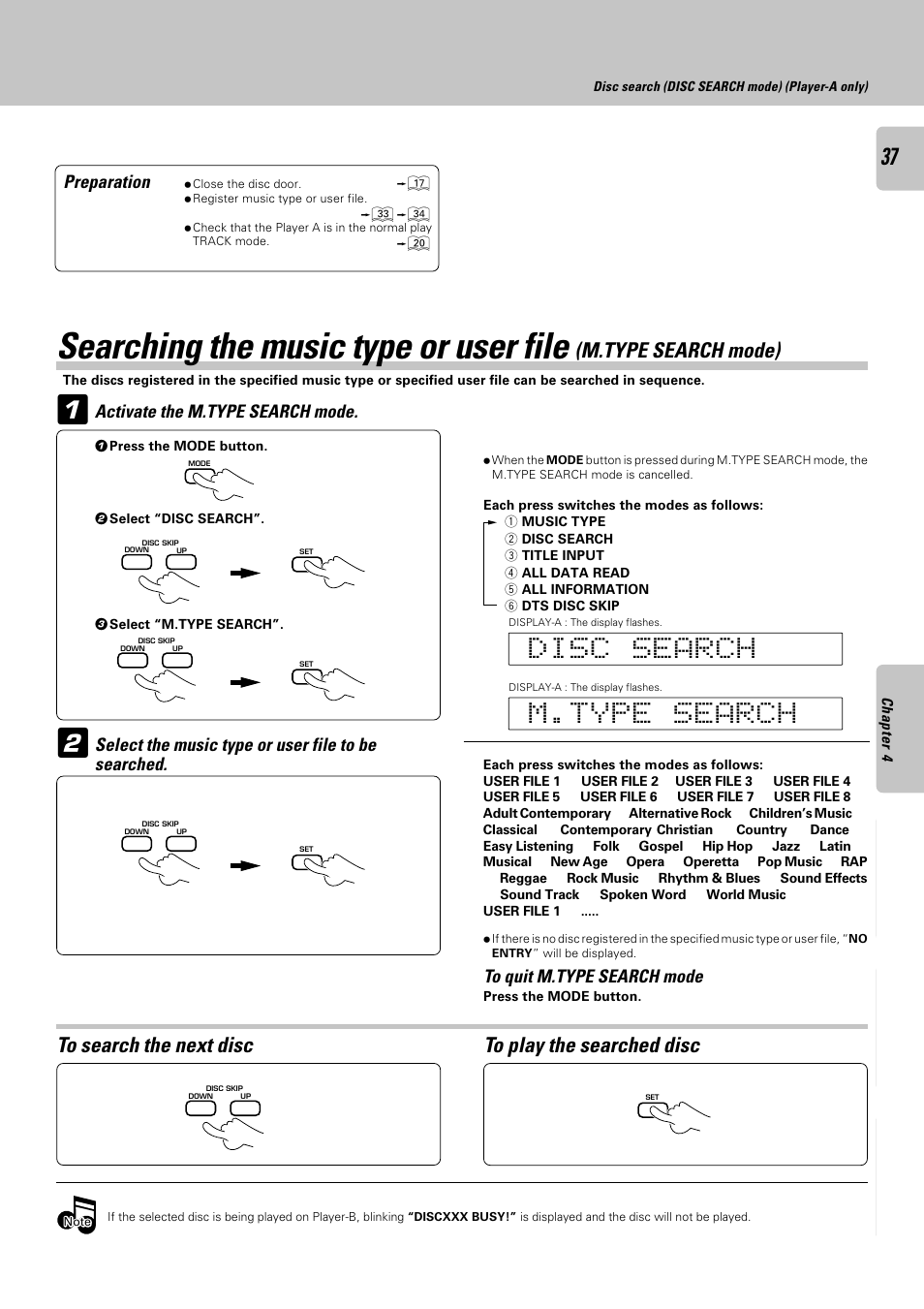 Searching the music type or user file, M.type search mode), Preparation | Activate the m.type search mode, Select the music type or user file to be searched | Kenwood DPF-J9030 User Manual | Page 37 / 44