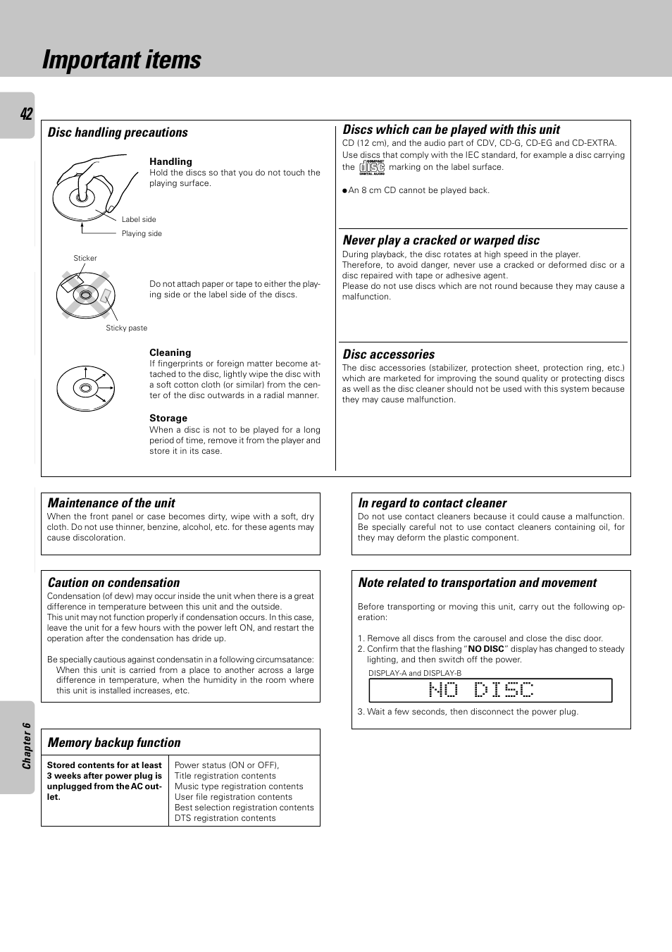 Important items, Discs which can be played with this unit, Disc handling precautions disc accessories | Never play a cracked or warped disc, Maintenance of the unit, Caution on condensation | Kenwood DPF-J9030 User Manual | Page 42 / 44