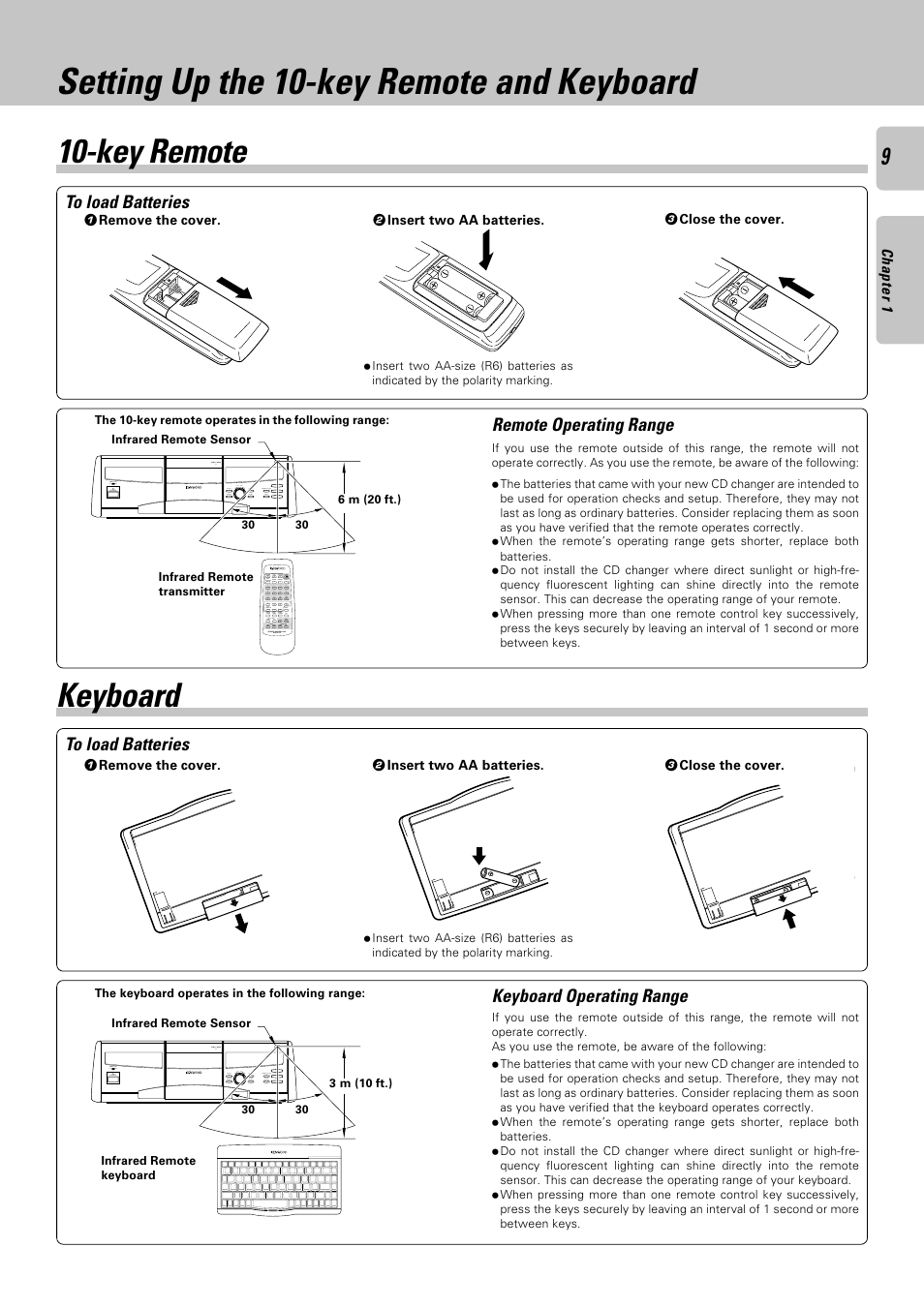 Setting up the 10-key remote and keyboard, Key remote, Keyboard | Key remote keyboard, Remote operating range, Keyboard operating range | Kenwood DPF-J9030 User Manual | Page 9 / 44