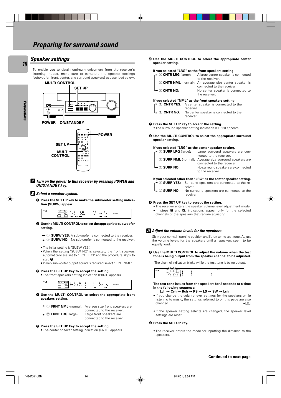 Preparing for surround sound, Speaker settings, Adjust the volume levels for the speakers | Preparations, Continued to next page | Kenwood KRF-V4550D User Manual | Page 16 / 32