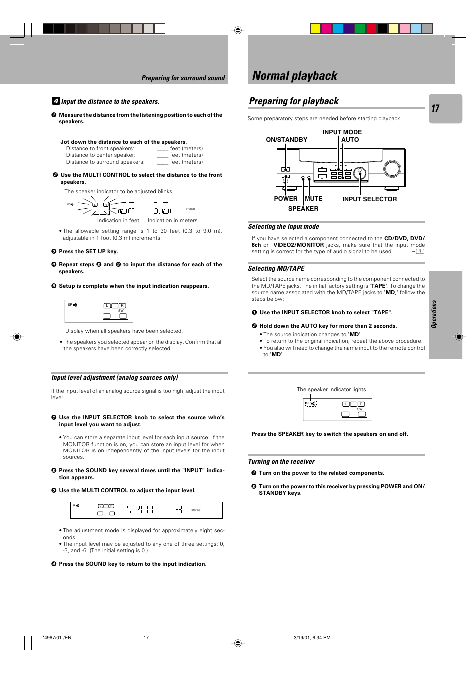 Operations, Normal playback, Preparing for playback | Input level adjustment (analog sources only), Turning on the receiver, Selecting md/tape, Selecting the input mode, Preparing for surround sound, Input the distance to the speakers | Kenwood KRF-V4550D User Manual | Page 17 / 32