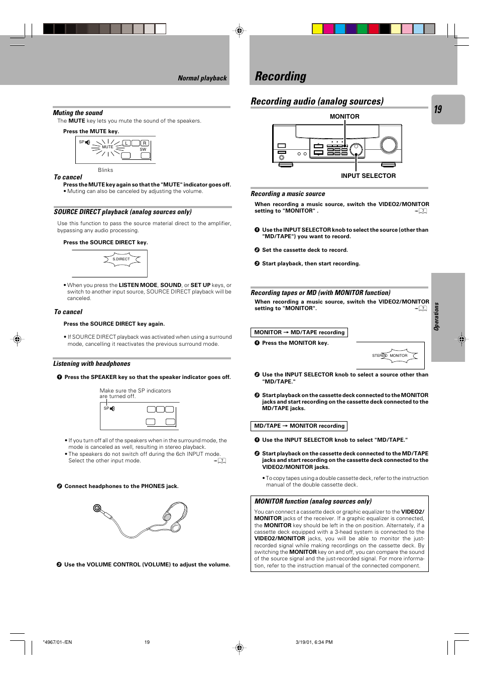 Recording, Recording audio (analog sources), Muting the sound | Source direct playback (analog sources only), Listening with headphones, Recording a music source, Recording tapes or md (with monitor function), Monitor function (analog sources only), Normal playback | Kenwood KRF-V4550D User Manual | Page 19 / 32