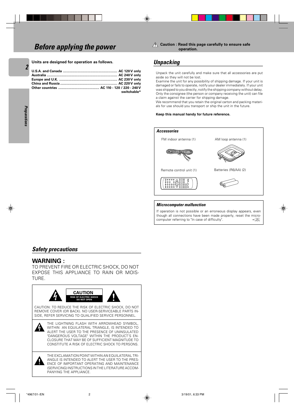 Preparations, Before applying the power, Safety precautions | Unpacking, Warning, Safety precautions unpacking | Kenwood KRF-V4550D User Manual | Page 2 / 32